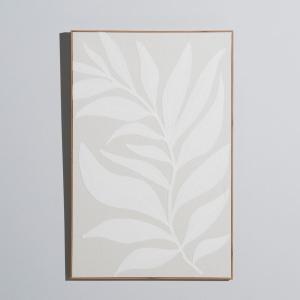 Déco murale toile beige motif feuille blanche 65x100