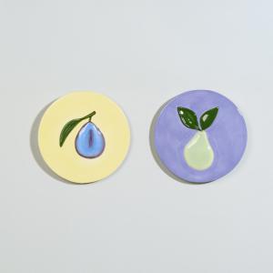 Déco murales rondes en faïence violette et jaune (x2)