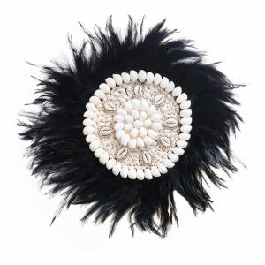 Décoration en plumes et coquillages, noir/ blanc D30 cm