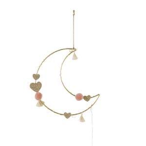 Décoration lumineuse lune en métal doré et rose avec pompon…