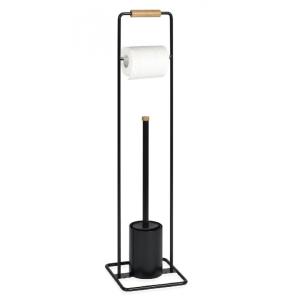 Dérouleur papier toilette et brosse WC en métal noir et boi…