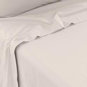 Drap de lit percale de coton uni brodé beige 180 x 290 cm