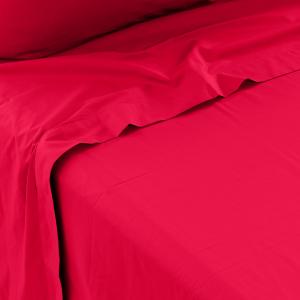 Drap de lit percale de coton uni brodé rouge 180 x 290 cm