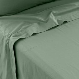 Drap de lit percale de coton uni brodé vert 180 x 290 cm