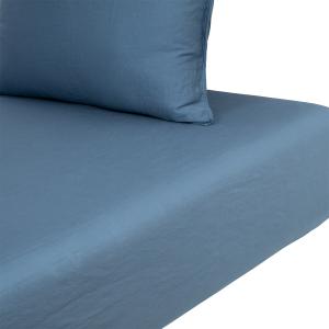 Drap housse en satin de coton lavé bleu 90 x 200 cm