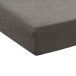 Drap housse gaze de coton 2-en-1 uni gris 160 x 200 cm