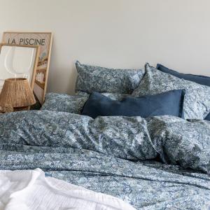 Drap plat en percale de coton 240x300cm Bleu Nuit/céladon