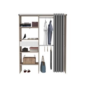 Dressing avec rideau, 4 étagères, 2 penderies et un tiroir…