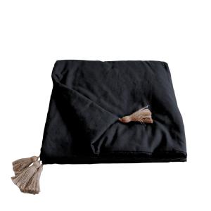 Edredon panama avec pompons en jute coton noir 90x190 cm