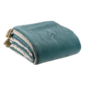 Edredon pompons  en coton vert de gris 80 x 180 cm