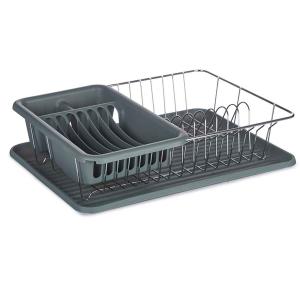 Égouttoir à vaisselle plastique gris et métal chromé avec p…