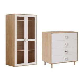 Ensemble armoire et commode enfant en bois clair et blanc