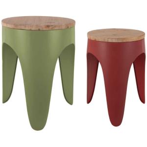Ensemble de 2 tabourets double funky vert kaki et rouge ocre