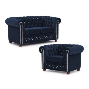 Ensemble de canapé Chesterfield 2 1 en velours bleu marine