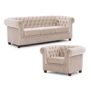 Ensemble de canapé Chesterfield 3 1 en velours beige