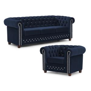 Ensemble de canapé Chesterfield 3 1 en velours bleu marine