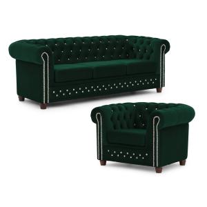 Ensemble de canapé Chesterfield 3 1 en velours bouteille ve…