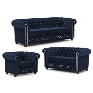 Ensemble de canapé Chesterfield 3 2 1 en velours bleu marin…