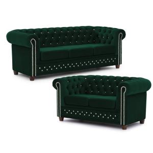 Ensemble de canapé Chesterfield 3 2 en velours bouteille ve…