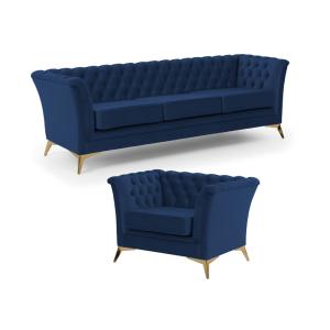 Ensemble de canapés Chesterfield 3 1 en velours bleu marine