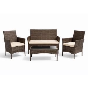 Ensemble de jardin 4 places en résine tressée marron et cou…