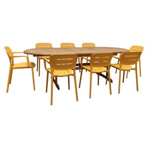 Ensemble de jardin table en bois et fauteuil jaune 8 places