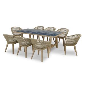 Ensemble de table en bois et céramique bleue et 8 chaises e…