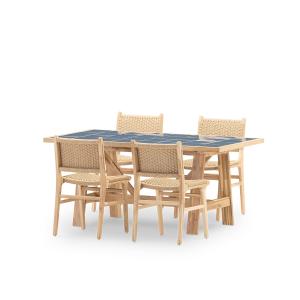 Ensemble de table et 4 chaises en bois et céramique bleue 1…