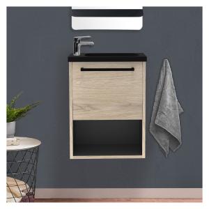 Ensemble lave-mains décor chêne intérieur noir robinet chro…