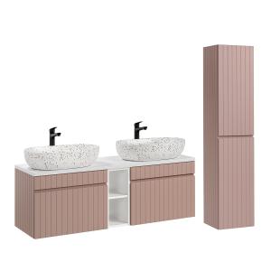 Ensemble meuble double vasques 1 colonne stratifiés rose