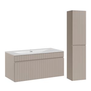 Ensemble meuble vasque encastrée et colonne stratifiés beig…