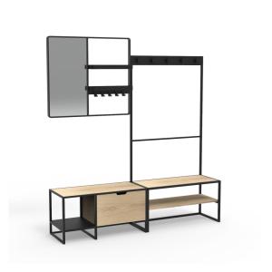 Ensemble meubles d'entrée banc, miroir et portant bois et m…