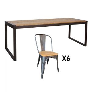 Ensemble repas 180 cm en bois clair et acier gris