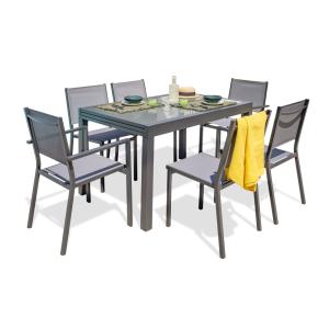 Ensemble repas 6 places en aluminium et plateau verre