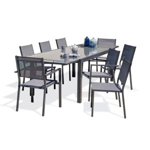 Ensemble repas 8 places en aluminium et plateau verre