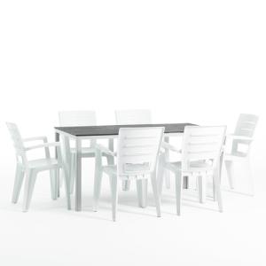 Ensemble table 156x78 cm et 6 chaises en résine blanc/gris