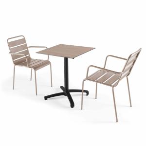 Ensemble table 60 cm chêne clair et 2 fauteuils en métal ta…