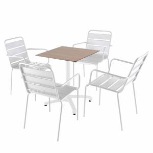 Ensemble table 60 cm chêne clair et 4 chaises en métal blan…