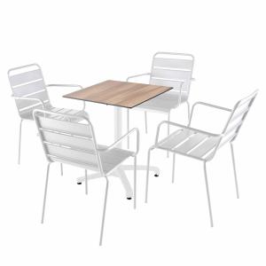 Ensemble table 60 cm chêne foncé et 4 chaises en métal blan…