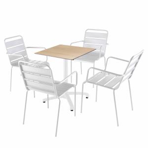 Ensemble table 60 cm chêne naturel et 4 chaises en métal bl…