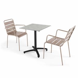 Ensemble table 60 cm gris clair et 2 fauteuils en métal tau…