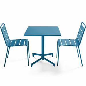 Ensemble table 70 cm et 2 chaises de jardin en métal bleu p…
