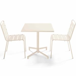 Ensemble table 70 cm et 2 chaises de jardin en métal ivoire