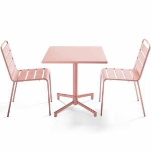 Ensemble table 70 cm et 2 chaises de jardin en métal rose p…