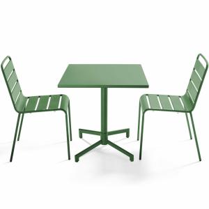 Ensemble table 70 cm et 2 chaises de jardin en métal vert c…