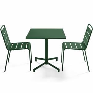 Ensemble table 70 cm et 2 chaises de jardin en métal vert f…