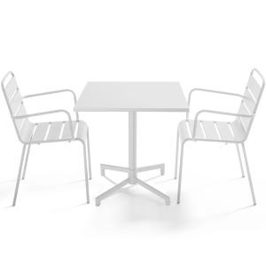 Ensemble table 70 cm et 2 fauteuils de jardin en métal blan…