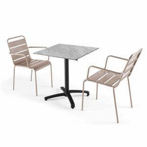 Ensemble table 70 cm marbre et 2 chaises en métal taupe