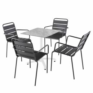 Ensemble table 70 cm marbre et 4 chaises en métal gris