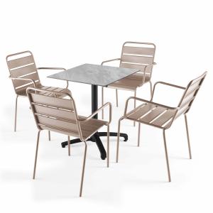 Ensemble table 70 cm marbre et 4 chaises en métal taupe